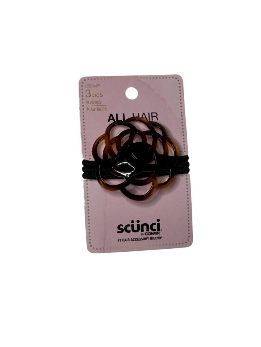 Scunci Black Hair Elastics Tortoise Flower Accent 3 Pack New